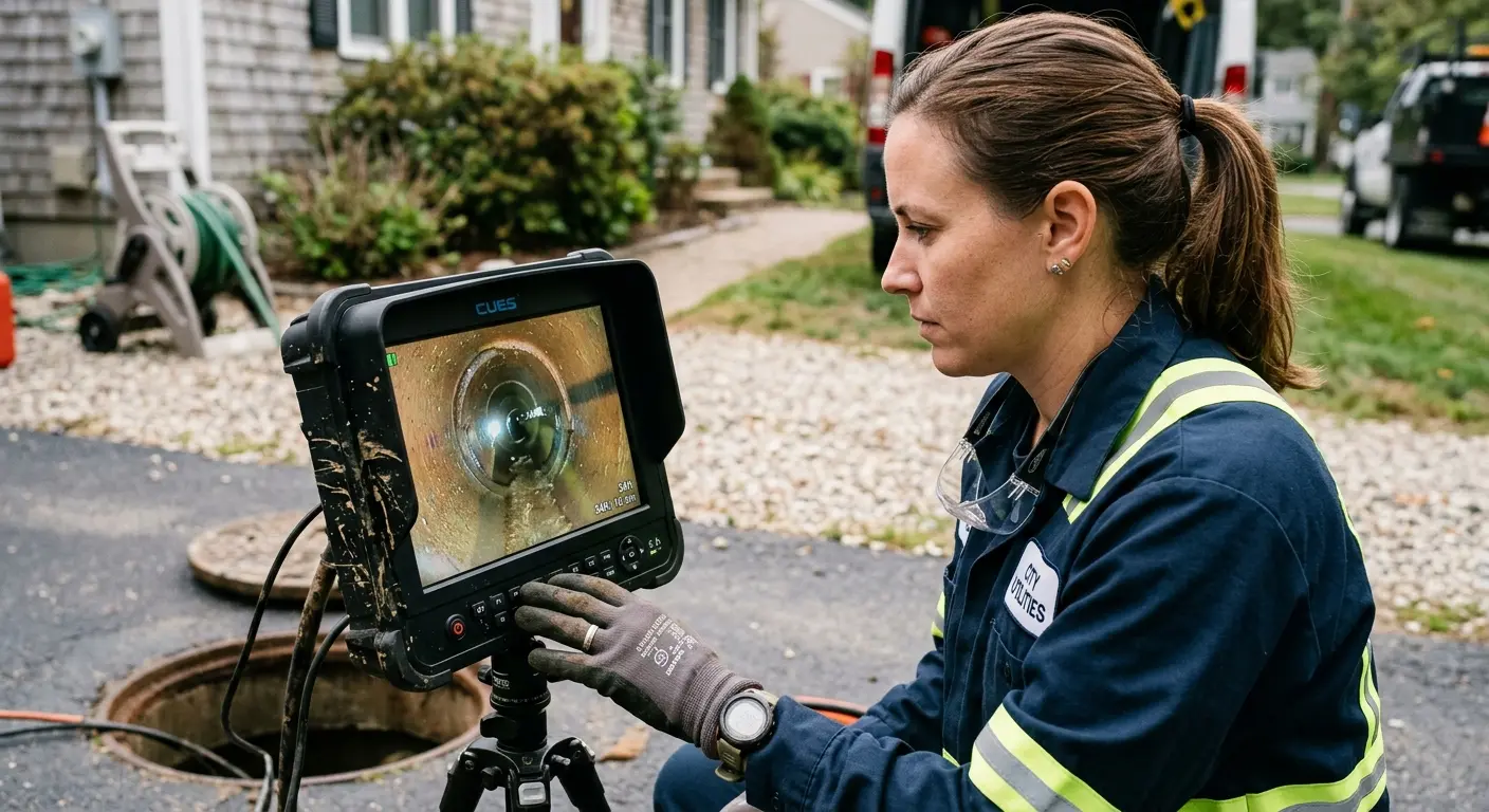 Technician reviewing sewer camera inspection footage in Tyrone
