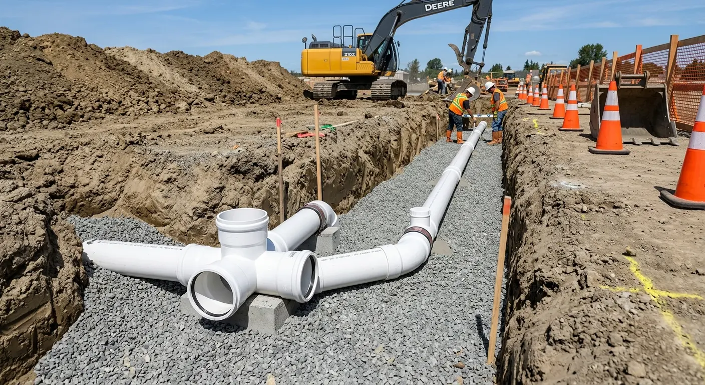 New PVC sewer pipe installation in open trench for Commercial Drain Cleaning in Tyrone